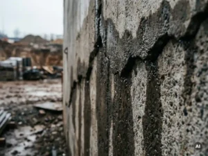 Verweerde betonmuur met diepe scheuren en donkere vochtplekken, waterdruppels op ruwe textuur bij bewolkt daglicht.