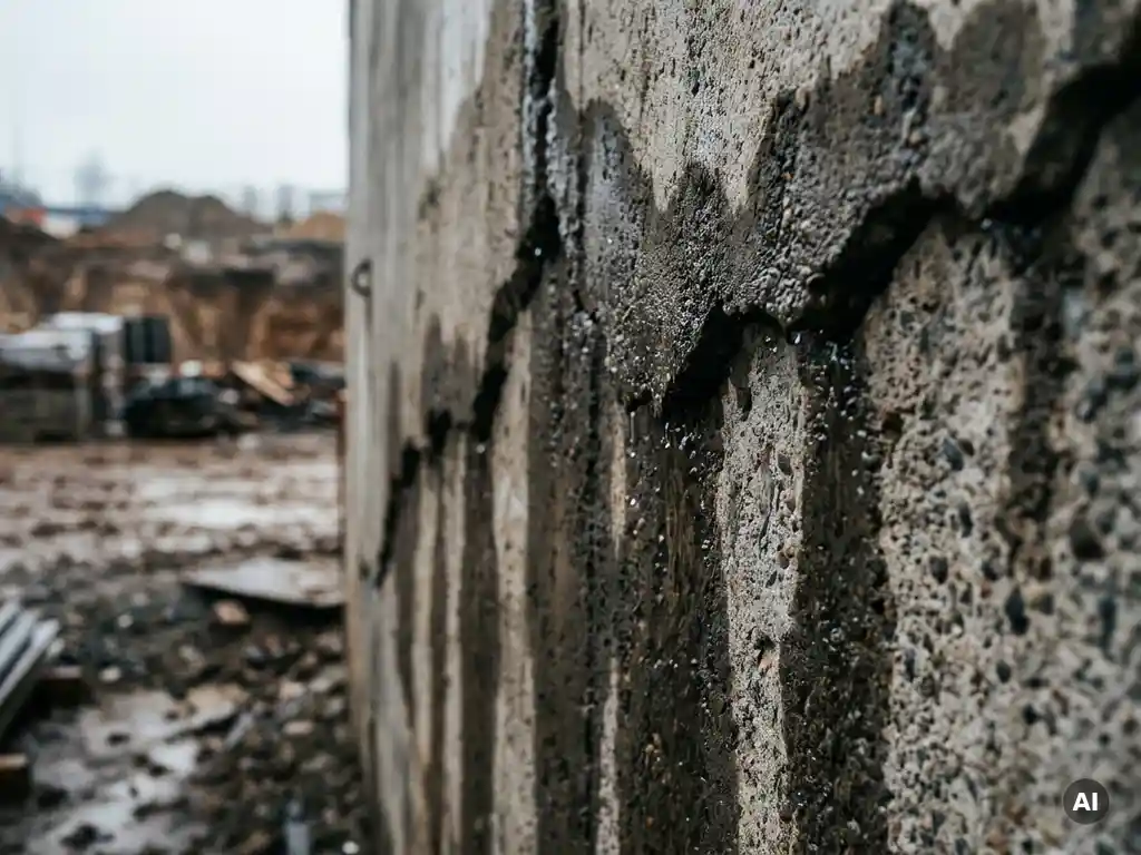 Verweerde betonmuur met diepe scheuren en donkere vochtplekken, waterdruppels op ruwe textuur bij bewolkt daglicht.
