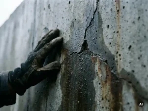 Gehandschoende hand op een verweerde betonnen muur met donkere vochtplekken, waterdruppels en een zichtbare scheur.