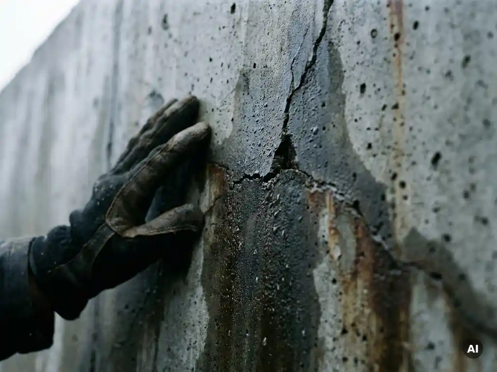Gehandschoende hand op een verweerde betonnen muur met donkere vochtplekken, waterdruppels en een zichtbare scheur.