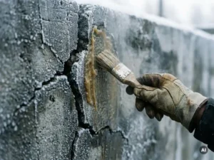 Gehandschoende hand die waterproof kit aanbrengt op een verweerde betonnen muur met vorstscheuren in koud winterlicht.