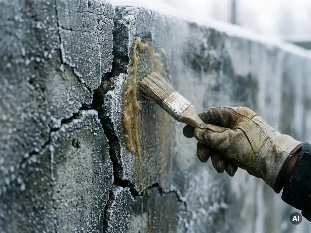 Gehandschoende hand die waterproof kit aanbrengt op een verweerde betonnen muur met vorstscheuren in koud winterlicht.