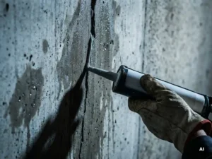 Gehandschoende hand die waterdichte kit aanbrengt op een vochtige, gebarsten betonnen muur met donkere vochtplekken.