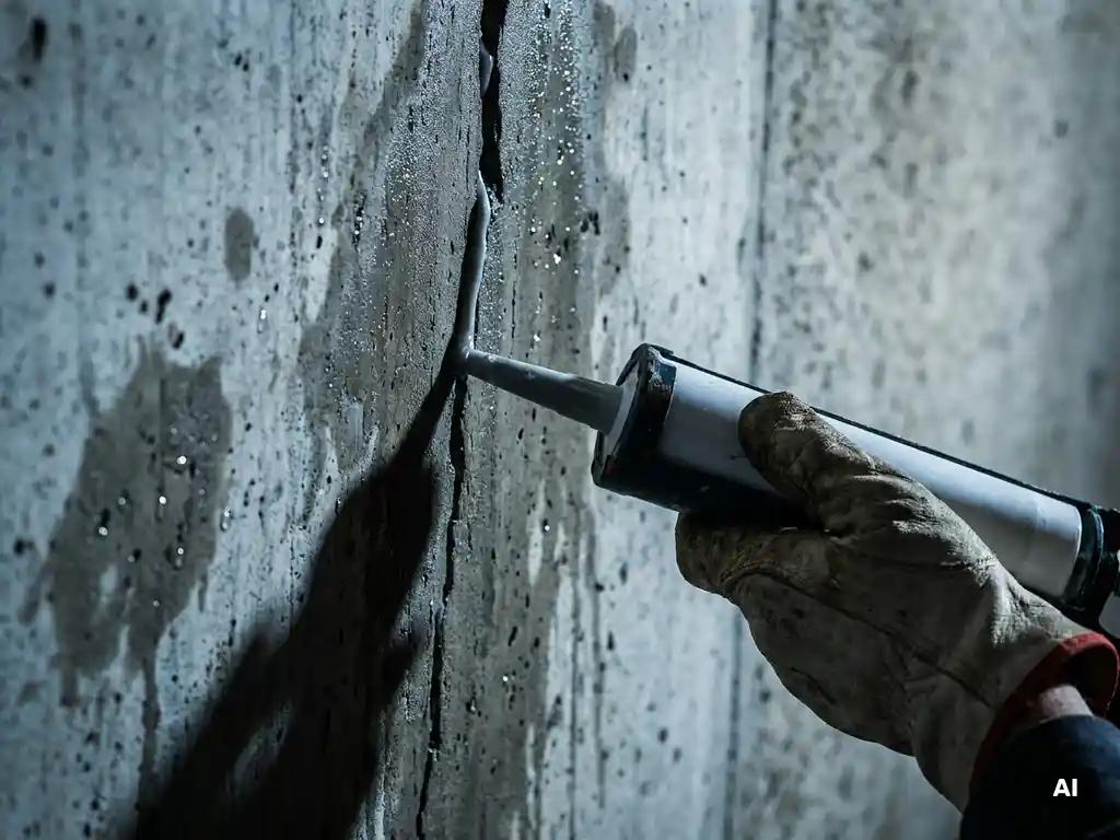Gehandschoende hand die waterdichte kit aanbrengt op een vochtige, gebarsten betonnen muur met donkere vochtplekken.