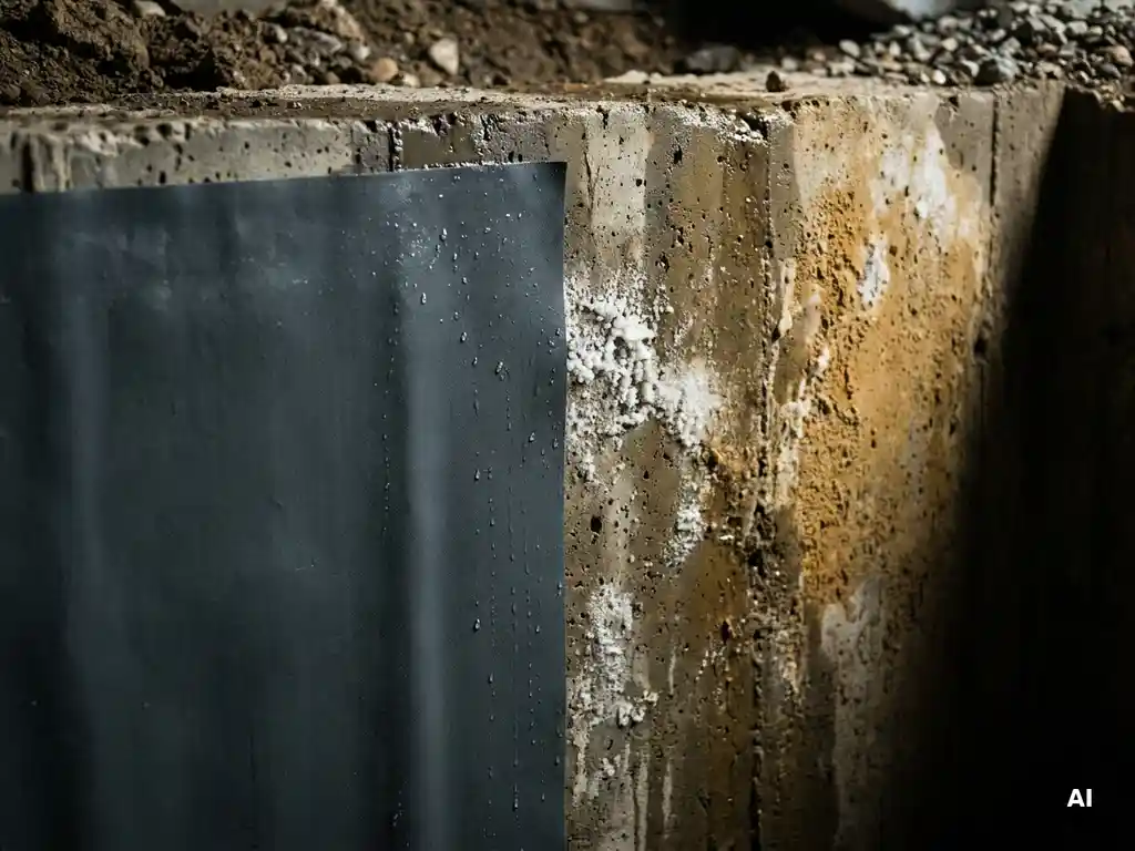 Betonnen keldermuur doorsnede met donkere waterdichte buitenmembraan en minerale kristallijne coating aan de binnenzijde, waterdruppels zichtbaar.