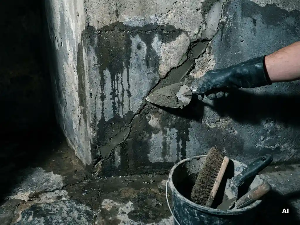 Gehandschoende hand die reparatiemortel aanbrengt op een gebarsten betonnen keldermuur met waterinsijpeling en vochtige strepen.