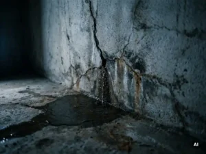 Gebarsten betonnen keldermuur met water dat door een scheur lekt en zich verzamelt op de vochtige vloer.