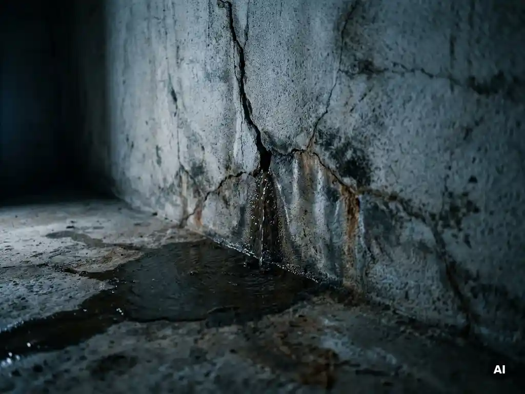 Gebarsten betonnen keldermuur met water dat door een scheur lekt en zich verzamelt op de vochtige vloer.