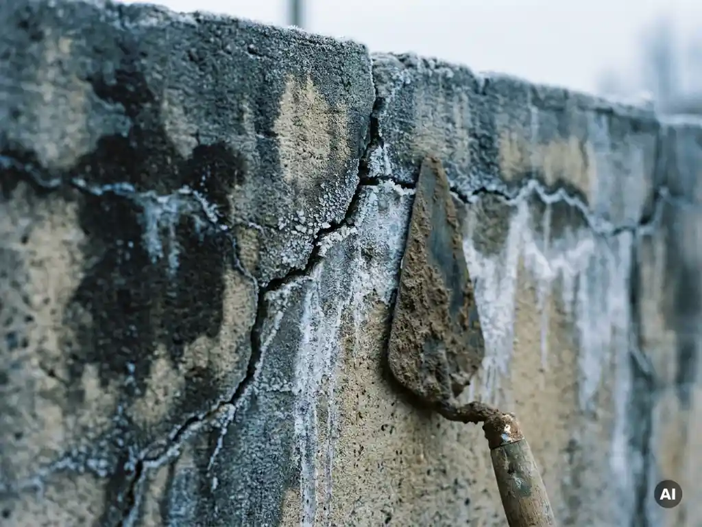Gebarsten betonmuur met vochtschade, witte uitbloei en rijpvorming langs de scheuren, met een verweerde metselspaan ertegenaan.