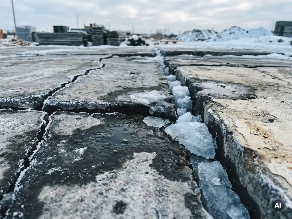 Bevroren scheuren in verweerd beton met ijskristallen en waterinsijpeling op een bouwplaats in de winter.