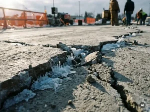 Vorstschade op betonoppervlak met ijskristallen in diepe scheuren, bevrocht vocht zichtbaar uitzettend in grijze textuur, bouwplaats op achtergrond.