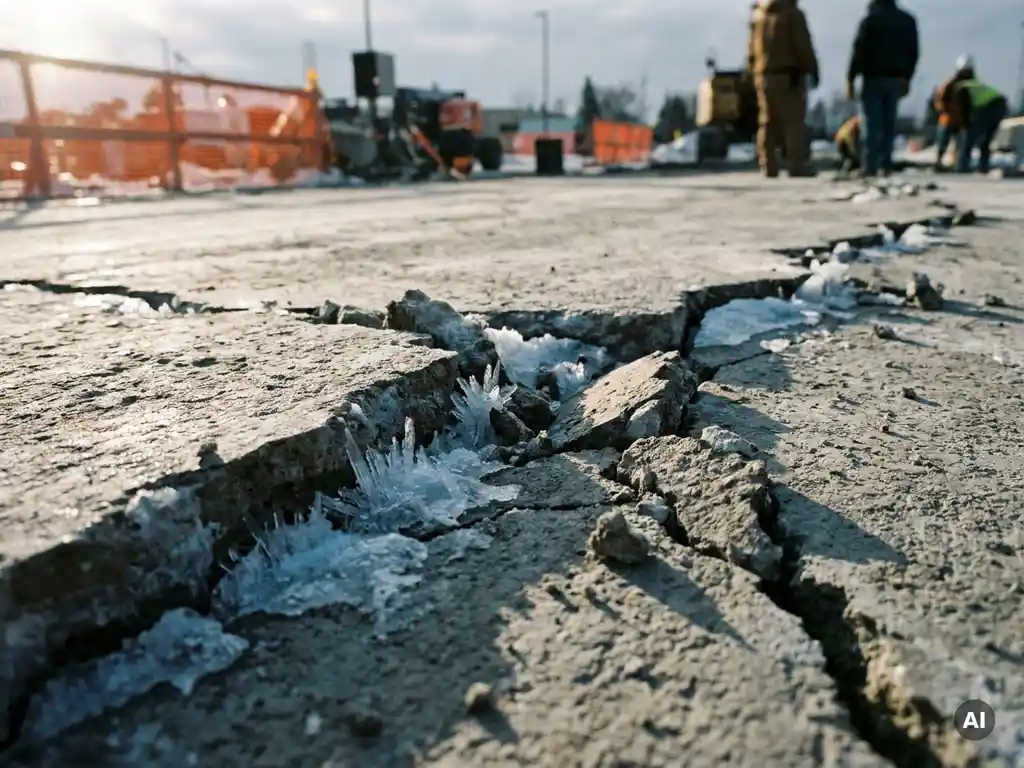 Vorstschade op betonoppervlak met ijskristallen in diepe scheuren, bevrocht vocht zichtbaar uitzettend in grijze textuur, bouwplaats op achtergrond.