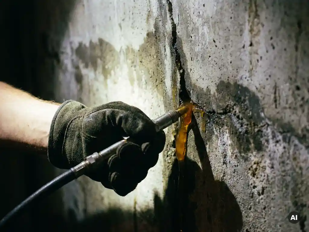 Gehandschoende hand injecteert epoxyhars in scheur van vochtige betonnen keldermuur tijdens reparatie.