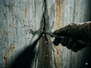 Gehandschoende hand die een injectiepistool in een scheur van een betonnen muur drukt, met donker water en roeststrepen.