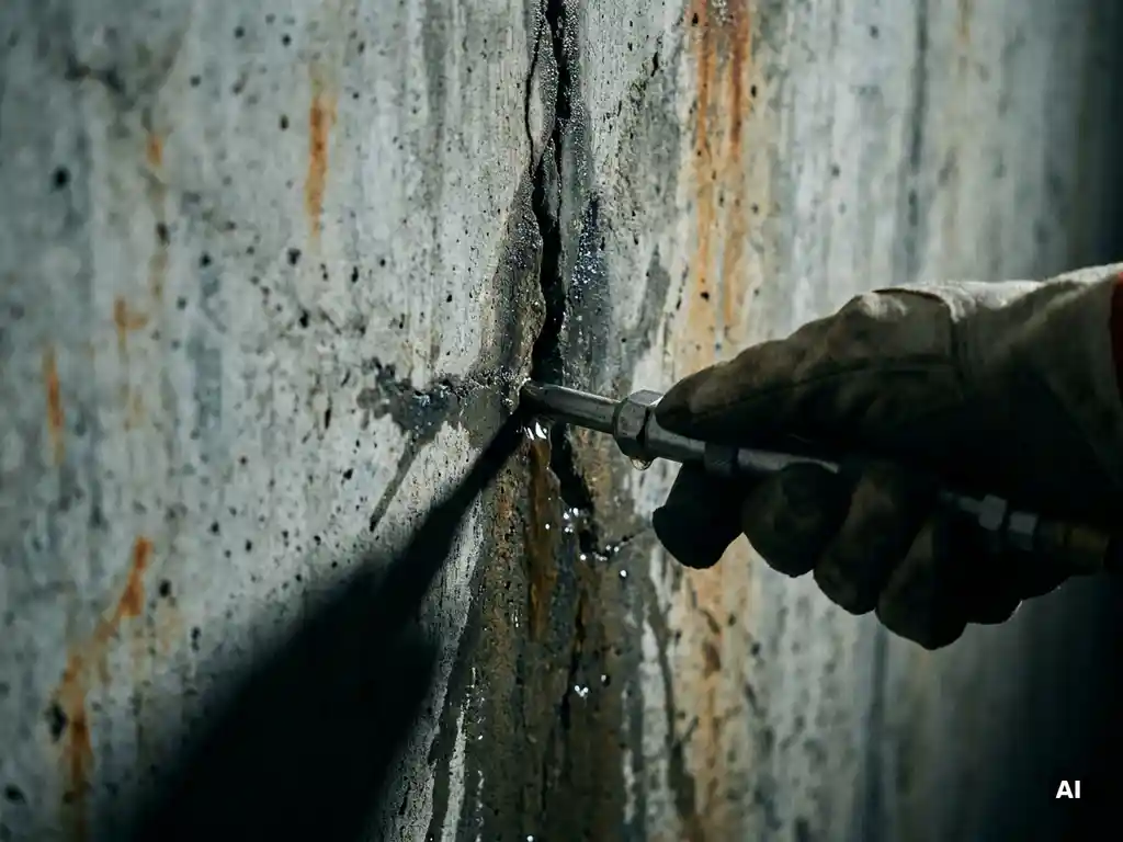 Gehandschoende hand die een injectiepistool in een scheur van een betonnen muur drukt, met donker water en roeststrepen.