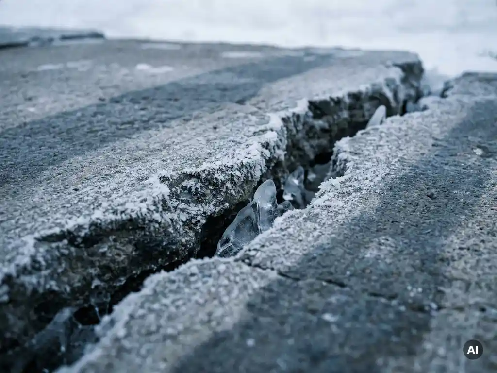 Betonscheur met ijskristallen langs de breukranden, vorst die het grijze wegdek splijt, close-up in koud diffuus winterlicht.