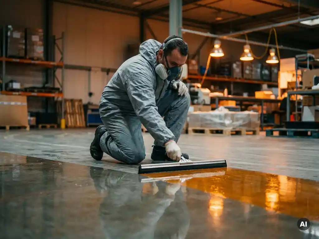 Medewerker in beschermende kleding die afdichtingsmiddel aanbrengt op industriële betonvloer met een brede trekker.