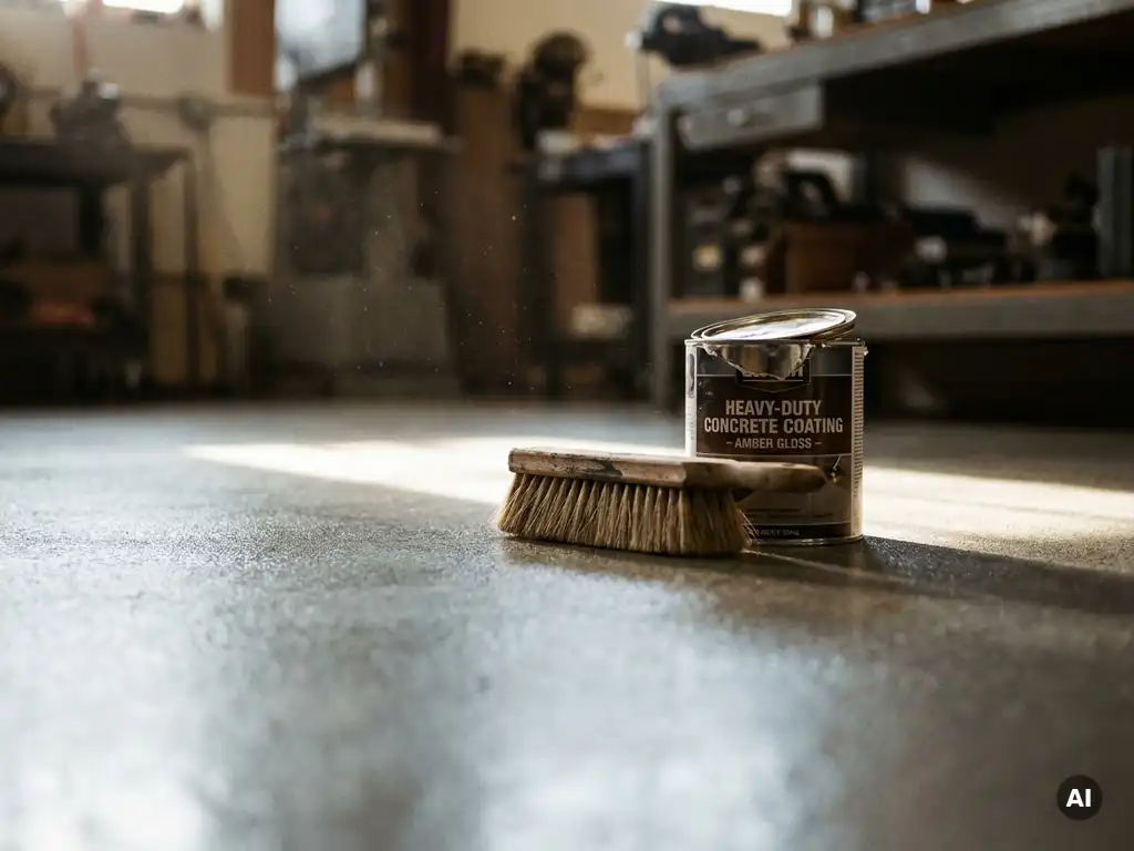 Vers gesealde betonvloer met glans onder werkplaatsverlichting, natuurlijke kwast naast halfopen blik beschermende coating.
