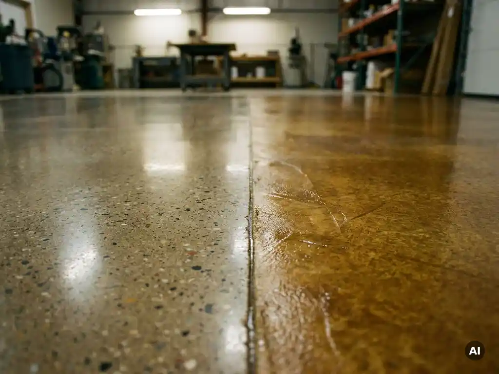 Gepolijste betonvloer met twee textuurovergangen in één doorlopende plaat, warme grijze en amberkleurige tinten met zachte glans.