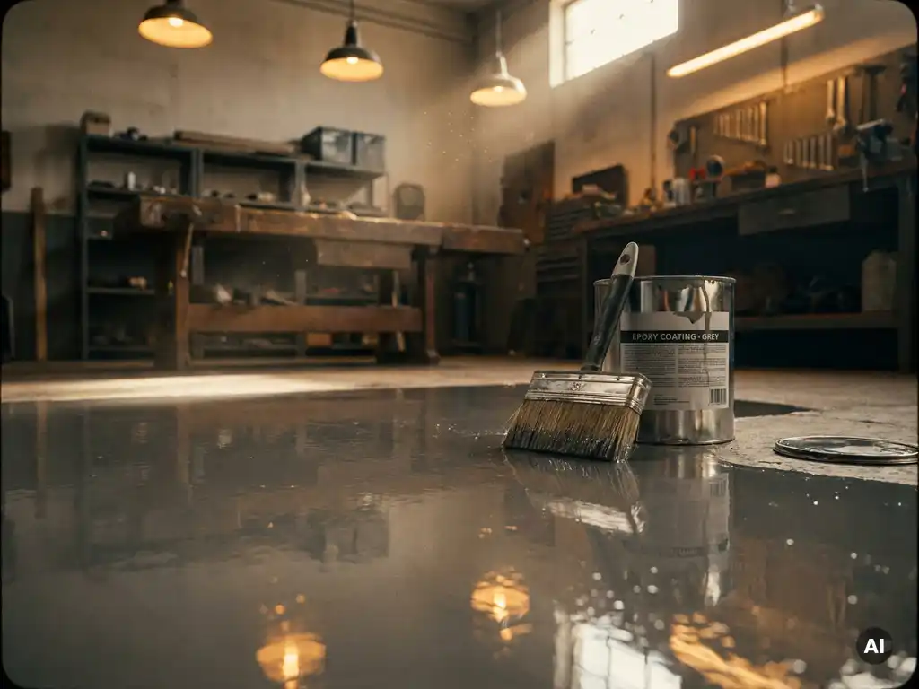 Glanzende betonvloer met epoxy coating, brede kwast naast open metalen blik grijze epoxy in warm werkplaatslicht.