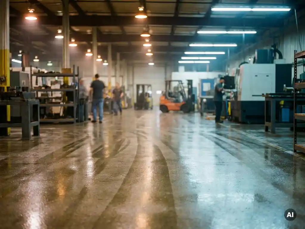 Gepolijste epoxyvloer in industriële productiefaciliteit met machinerie en metalen stellingen op de achtergrond.