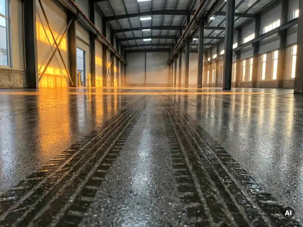 Geëpoxyde industriële betonvloer in groot magazijn met vorkheftrucksporen, stalen kolommen op de achtergrond, dramatisch zijlicht.
