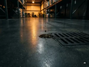 Donkere vloeistof die parelt op een gesealde industriële betonvloer, met een vloerput en amberkleurig magazijnlicht op de achtergrond.