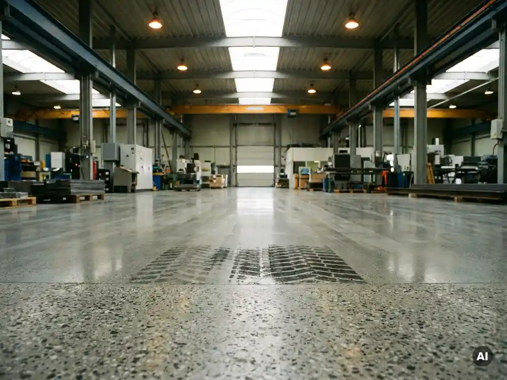 Gepolijste industriële betonvloer in productiehal met vorkheftrucksporen, weerspiegeling van daklichten in grijze en amberkleurige tinten.