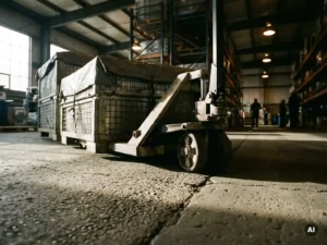 Industriële betonvloer onder belaste stalen palletwagen in magazijn, ruw aggregaat zichtbaar op gepolijst oppervlak.