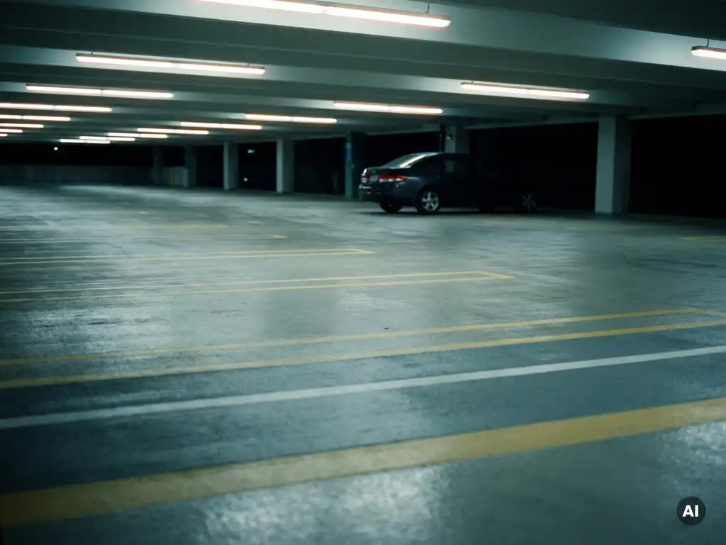 Glanzende betonvloer van parkeergarage met rijstrookmarkering en geparkeerde auto op de achtergrond.