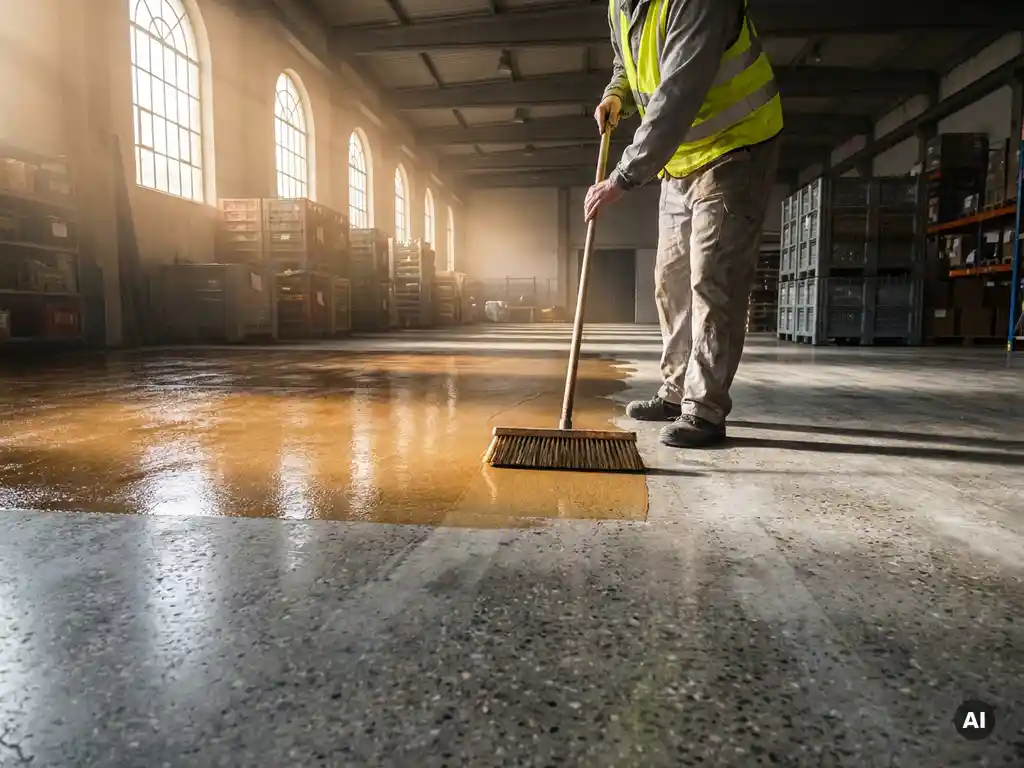 Werknemer brengt glanzende beschermende coating aan op gepolijste betonvloer in magazijn met hoog plafond en natuurlijk zijlicht.