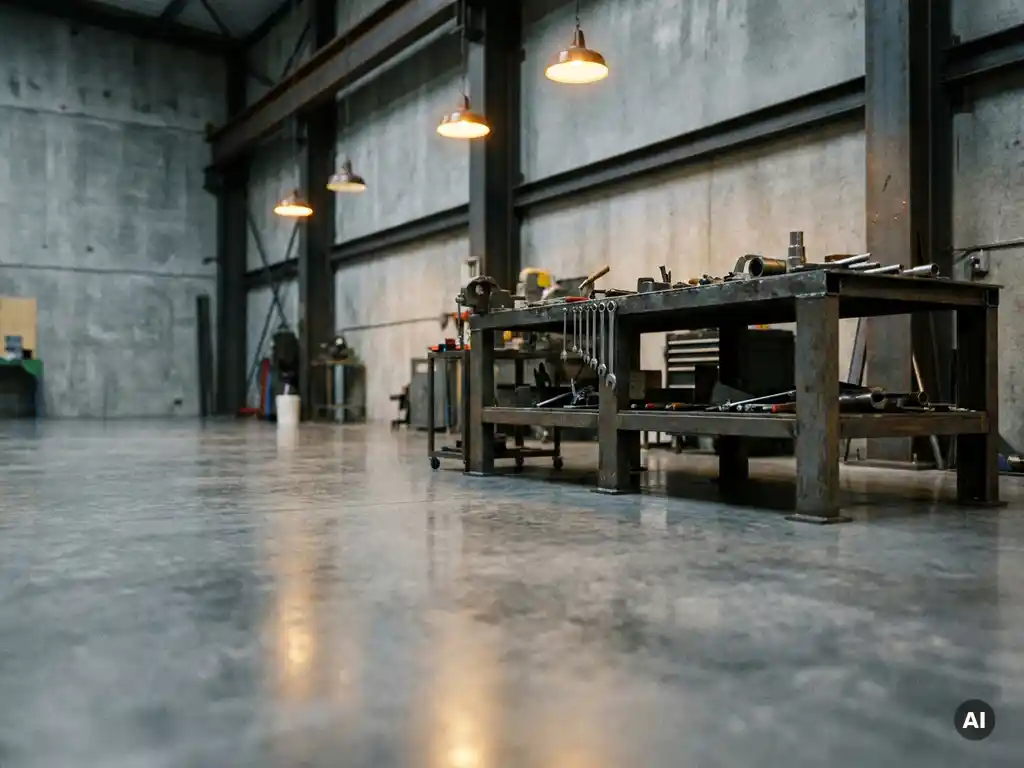 Vers geseald betonnen werkplaatsvloer onder industriële verlichting, met stalen werkbank en metalen gereedschap op de achtergrond.