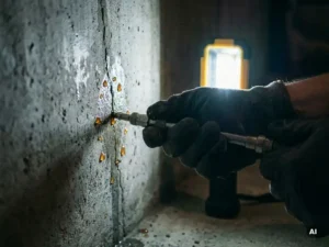 Gehandschoende hand die injectiehars in een vochtige betonnen keldermuur spuit, kleine druppels afdichtingsmiddel op het grijze oppervlak.