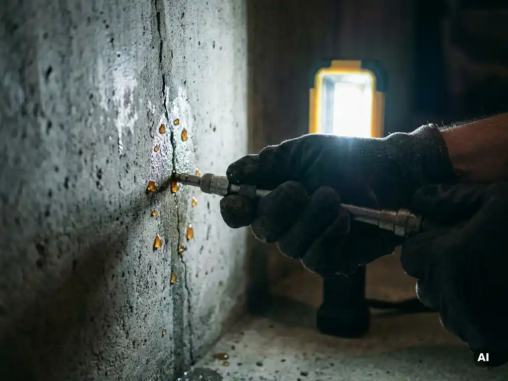 Gehandschoende hand die injectiehars in een vochtige betonnen keldermuur spuit, kleine druppels afdichtingsmiddel op het grijze oppervlak.