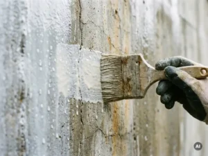 Dikke kwast brengt witte waterdichte coating aan op verweerde betonnen muur, waterdruppels parelen af op vers behandeld oppervlak.