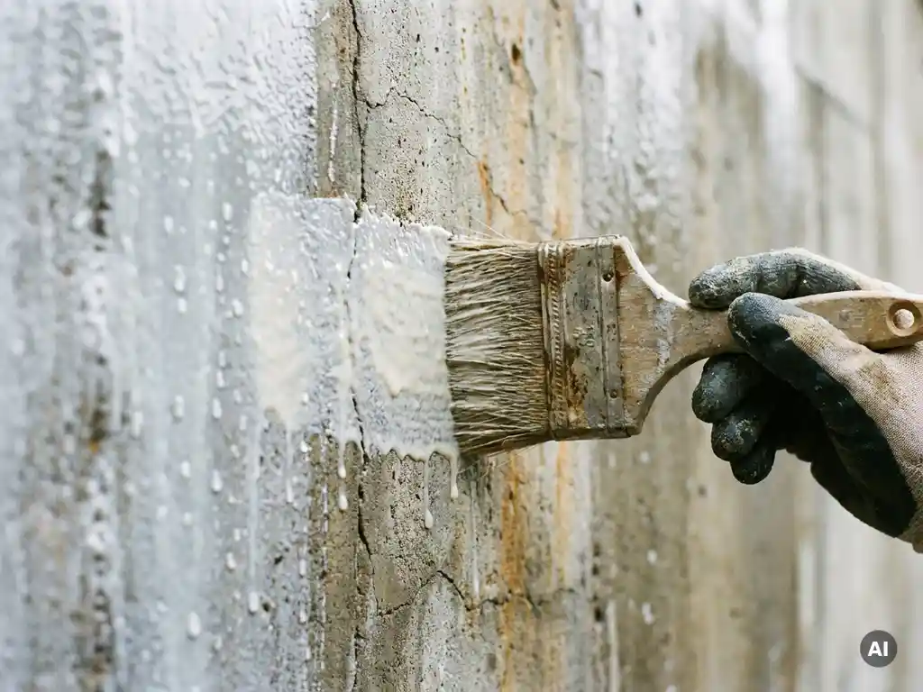 Dikke kwast brengt witte waterdichte coating aan op verweerde betonnen muur, waterdruppels parelen af op vers behandeld oppervlak.