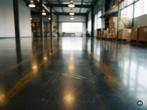 Glanzende epoxy betonvloer in industriële ruimte met spiegelend oppervlak, subtiele gebruikssporen en warm-grijze tinten.