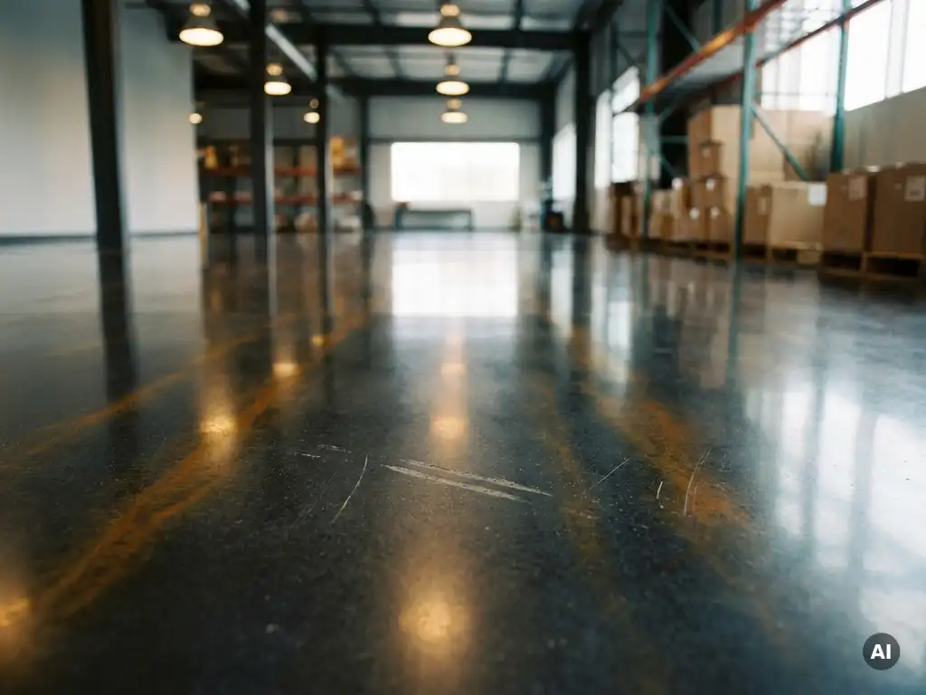 Glanzende epoxy betonvloer in industriële ruimte met spiegelend oppervlak, subtiele gebruikssporen en warm-grijze tinten.