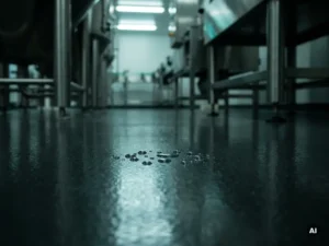 Epoxy-gecoate betonvloer in industriële ruimte met waterdruppel die perfect afparels op het gladde oppervlak.