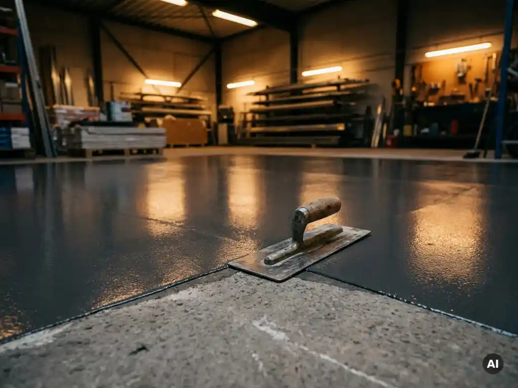 Betonnen troffel op de rand tussen ruwe grijze betonvloer en glanzende antraciet epoxyvloer in industriële werkruimte.
