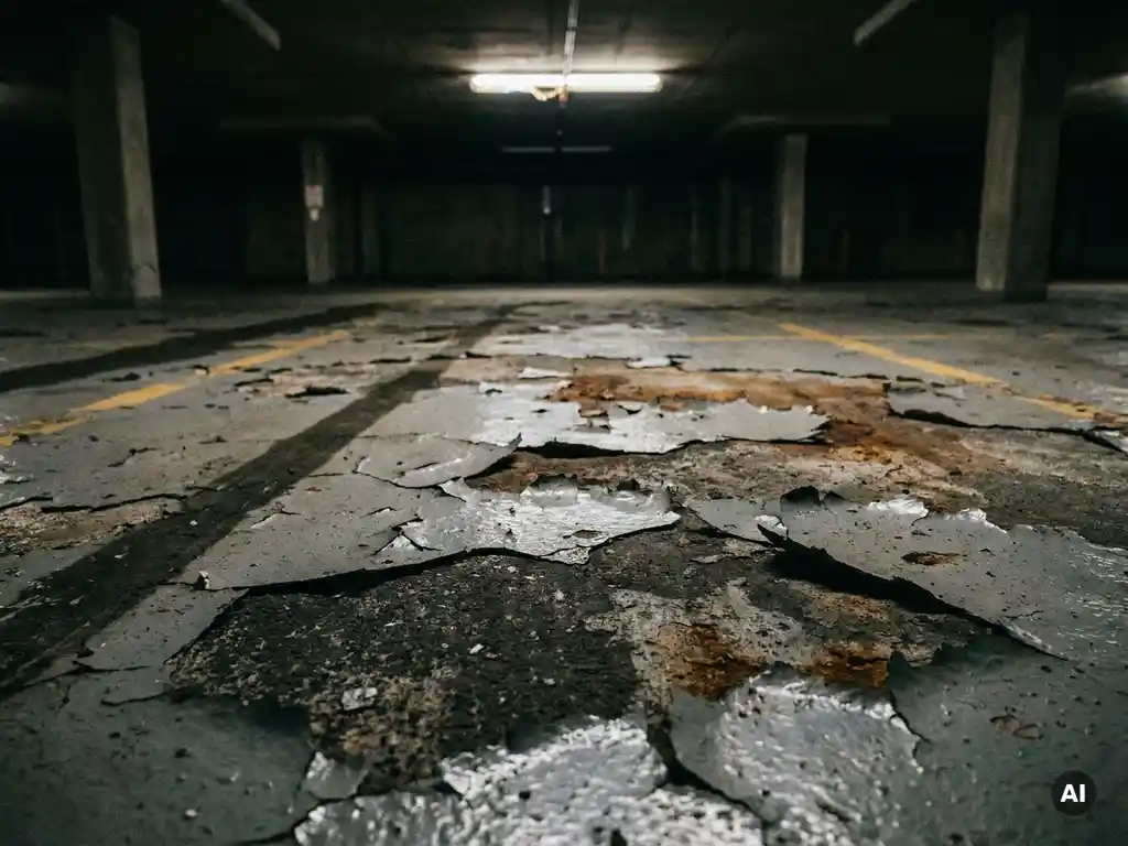 Afbladderende epoxyvloercoating in parkeergarage met zichtbaar betonoppervlak, roestverkleuring en vervaagde gele rijbaanmarkering.