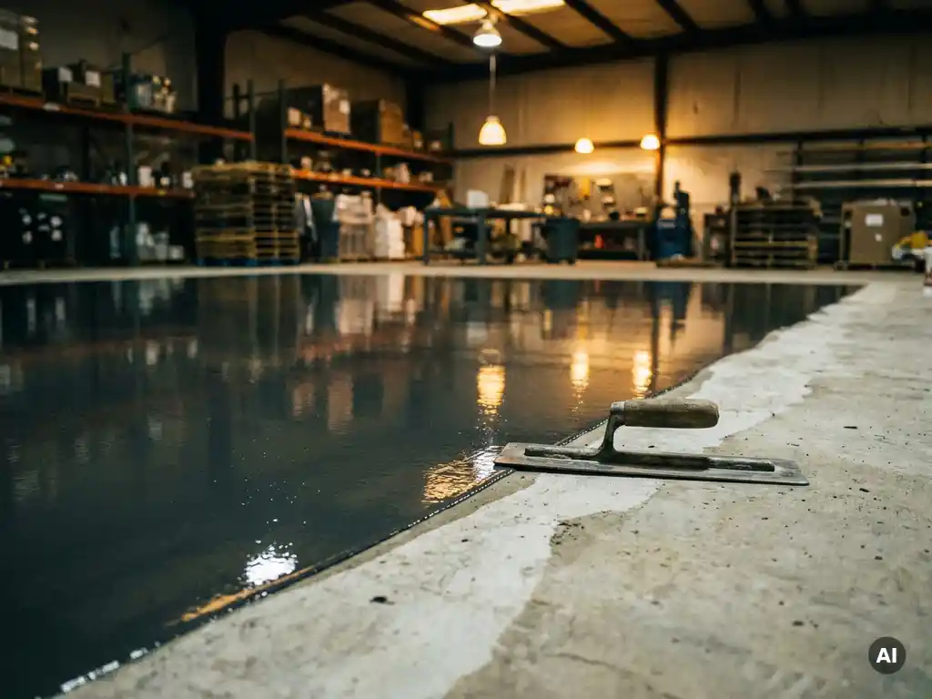 Glanzende epoxyvloer in antracietgrijs met warme amberreflecties, betonspaan op de rand tussen ruwe en gecoate vloer in industriële werkplaats.