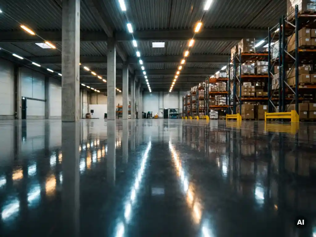 Glanzende epoxyvloer in antracietgrijs met metallieke glans in een commercieel magazijn, spiegelende reflectie van industriële verlichting.