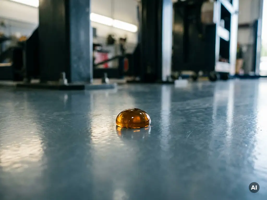 Amber motoroliedruppel parelt op grijze epoxyvloer in werkplaats, stalen machineonderdelen op de achtergrond.