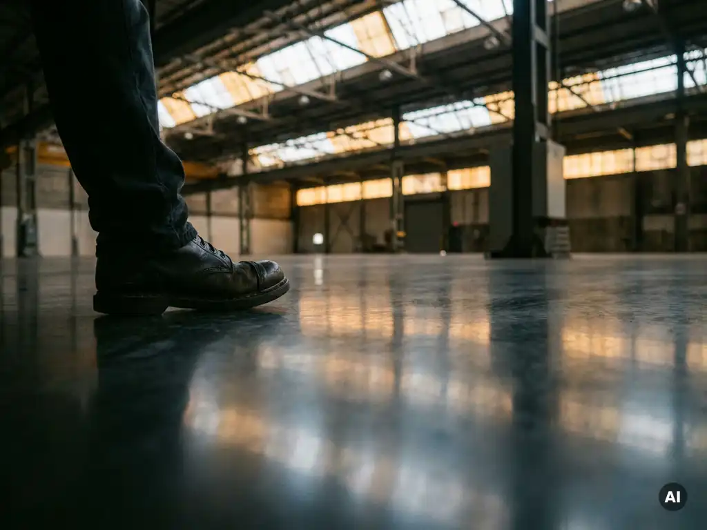 Gepolijste betonvloer in industrieel magazijn met spiegelend oppervlak, stalen balken en daklichten weerspiegeld, werkerslaars op de voorgrond.