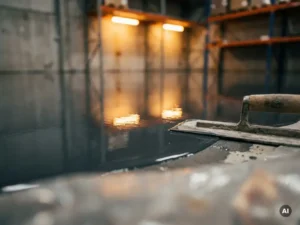 Glanzende epoxyvloer in antracietgrijs met warme amberreflecties, betonspatel aan de rand van de natte coating in industriële ruimte.