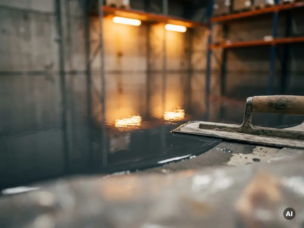Glanzende epoxyvloer in antracietgrijs met warme amberreflecties, betonspatel aan de rand van de natte coating in industriële ruimte.
