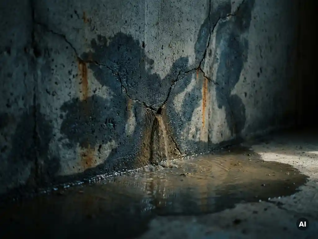 Grondwater dat door een gebarsten betonnen keldermuur sijpelt, met donkere vochtvlekken en een plas op de vloer eronder.