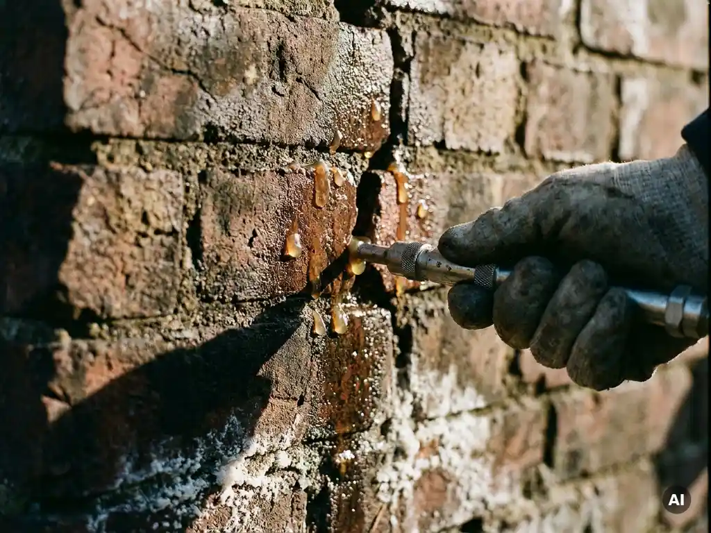 Gehandschoende hand die injectienaald in gebarsten bakstenen muur drukt, vochtdichte kit dringt door poreus metselwerk met witte uitbloeiing.
