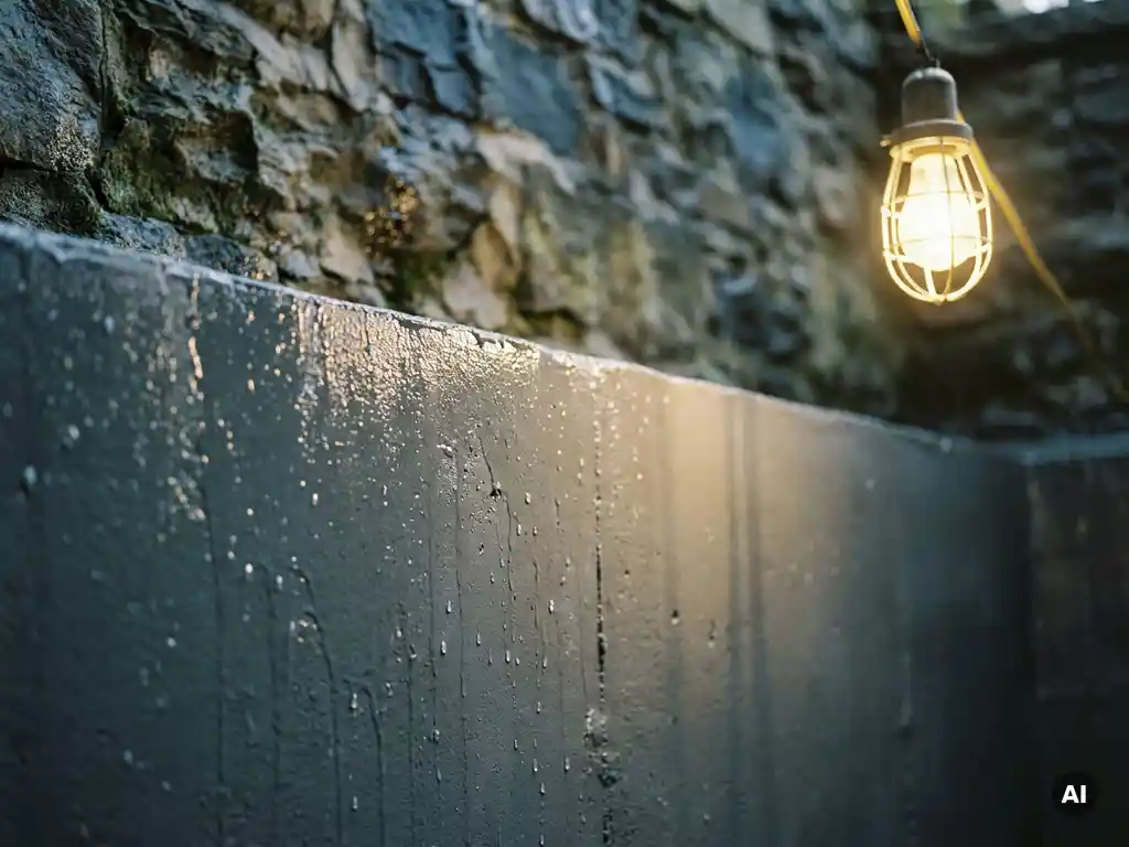 Vers gesealde betonnen keldermuur met waterafstotende coating, waterdruppels parelend op het oppervlak, vochtig stenen fundament op achtergrond.